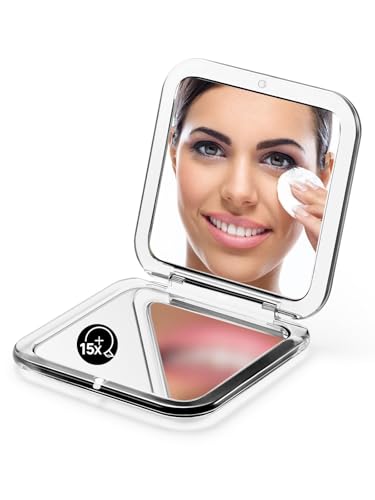 OMIRO Folding Compact Mirror, 1X/15X Magnification 3½” Pocket Size Square Hand Mirror for Travel Makeup (Transparent Black) - color: Transparent Black-15x