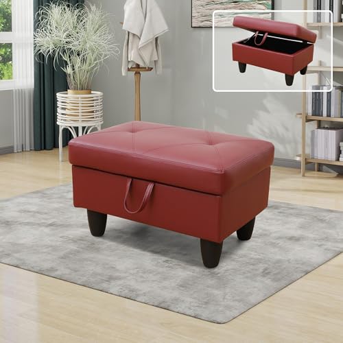 Ottoman, Faux Leather Storage Ottoman Bench, Modern 28.5" Large Square Entryway Bench Ottoman with Storage for Living Room/Apartment/Bedroom/Rv Car,Red - color: Red, size: 28.5 inch