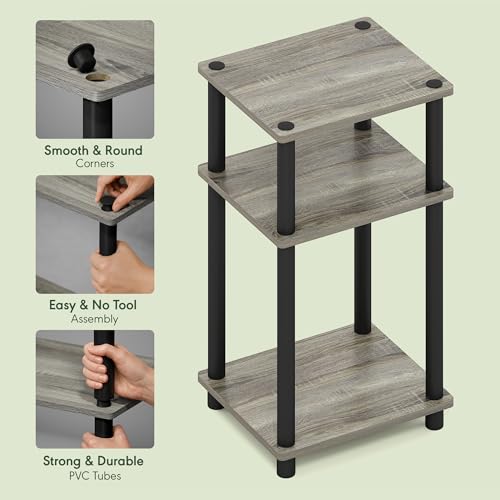 Furinno JUST Side Table Set of 2, 3-Tier Modern End Tables, Open Shelves Night Stand, Nightstand Set, Toolless Assembly, for Living Room, Bedroom, French Oak - color: French Oak Grey/Black, size: 3-Tier, Round Pole, style: 2-Pack