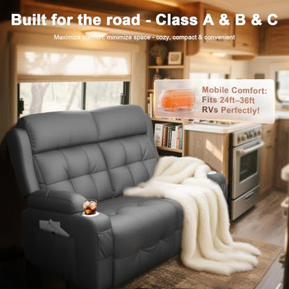Reclining Loveseat, 55.1" RV PU Leather Wall Hugger Recliner Love Seats Sofa with Charging Station, Removable Armrest, Cup Holder, Double Recliners Couch, Manual Love Seat for Living Room - color: Dark Gray, size: Hera - Loveseat