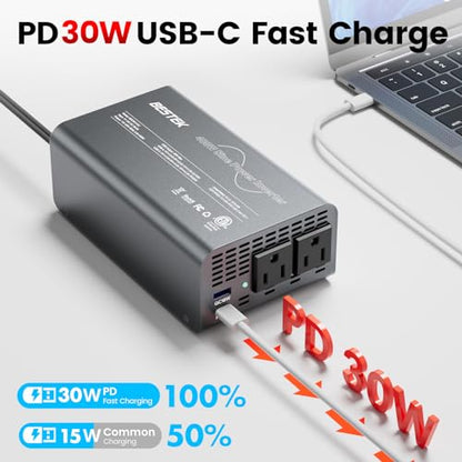 BESTEK 400W Pure Sine Wave Power Inverter - DC 12V to 110V AC Converter, Fast Car Charger Adapter with 30W USB-C/18W Quick Charge/Dual 110V AC Outlet, Car Plug Adapter Outlet for Laptop