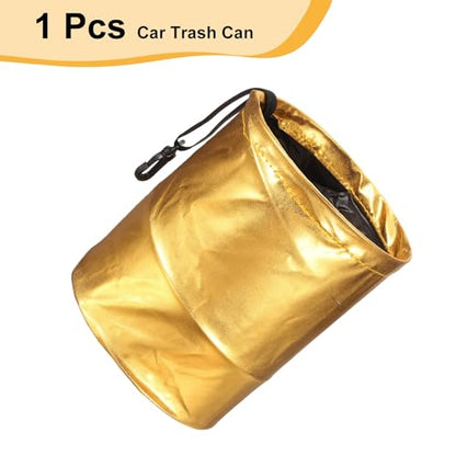 HARFINGTON Car Trash Can 0.9 Gallon Foldable Leak-Proof Garbage Organizer Portable Hanging Waterproof Truck Trash Bins for Van Automotive Vehicle Front Seat, Gold - color: Gold Tone