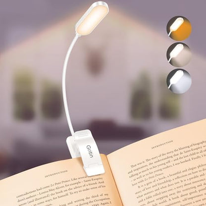 Gritin 16 LED Rechargeable Book Light for Reading in Bed- Eye Caring 3 Color Temperatures, Stepless Dimming Brightness, 80 Hrs Runtime, Lightweight Flexible Clip on Light for Book Lovers-White | Eye Caring 3 Color Temperatures, Stepless Dimming Brightness