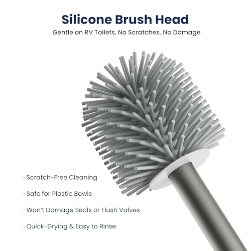 RV Toilet Brush and Holder Set- One-Piece Long Handle, Silicone Head, Magnetic Base- RV Bathroom Cleaning Kit, RV Essentials Accessories for Camper, Trailer, Motorhome