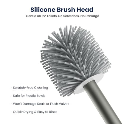 RV Toilet Brush and Holder Set- One-Piece Long Handle, Silicone Head, Magnetic Base- RV Bathroom Cleaning Kit, RV Essentials Accessories for Camper, Trailer, Motorhome