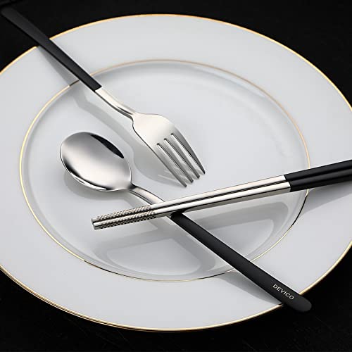DEVICO Travel Utensils, 18/8 Stainless Steel 4pcs Cutlery Set Portable Camp Reusable Flatware Silverware, Include Fork Spoon Chopsticks with Case (Black) - color: Black