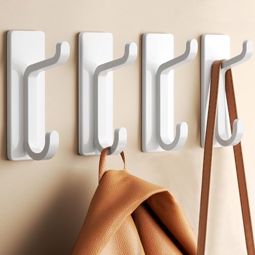 Self Adhesive Wall Hooks for Hanging: Extra Strong 13 LB, Hook for Coat, Towel in Bathrooms, Shower, Kitchen, Wall, Door Hook, White 4 Pack - color: White, size: 4 Pack