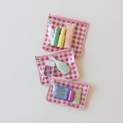 Tiny Twinkle Diaper Bag Organizing Pouches|3 Pack Mess-Proof Clear Front Travel Organizer Bags&TSA Approved Toiletry Bag Set for Baby and Mom Essentials - color: Raspberry Gingham