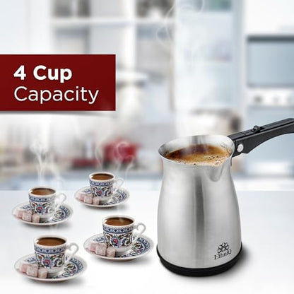 ETHNIQ Turkish Coffee Pot - Stainless Steel, 120V, 1 to 4 Cup Capacity, Fast Brewing, Delicious Cup of Turkish, Arabic & Greek Coffee Maker with Foldable Handle for Home & Travel & on-off Button - color: Fast Brew