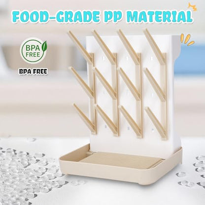 Baby Bottle Drying Rack: Space Saving Vertical Bottle Drying Holder with Brushes Holder - Large Bottle Storage Holder Organizer 12 Bottles & Baby Accessories,BPA-Free, Beige - color: Beige