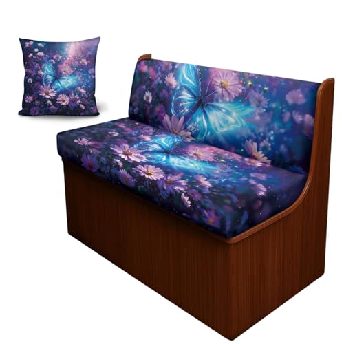 Butterfly Daisy Galaxy Pattern RV Dinette Cushion Covers with Pillowcase, 3 Pcs Breathable Camper Cushion Slipcover Replacement Non-Slip Furniture Protector for RV Camper Bench - color: Butterfly Daisy Galaxy