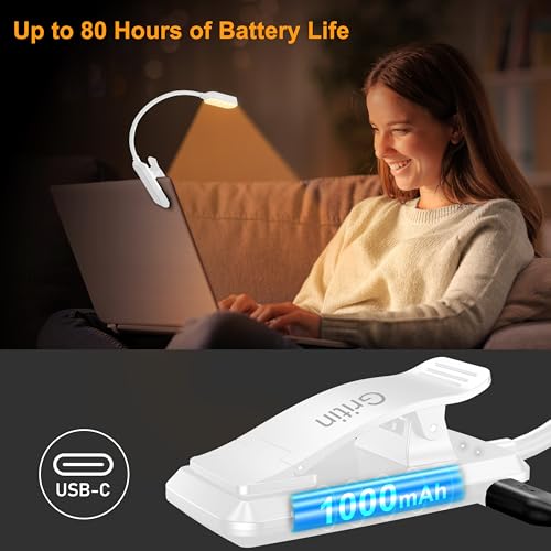 Gritin 16 LED Rechargeable Book Light for Reading in Bed- Eye Caring 3 Color Temperatures, Stepless Dimming Brightness, 80 Hrs Runtime, Lightweight Flexible Clip on Light for Book Lovers-White | Eye Caring 3 Color Temperatures, Stepless Dimming Brightness