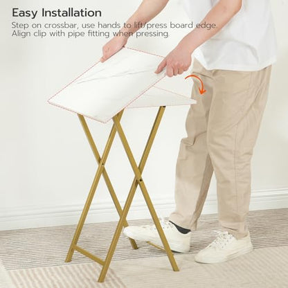 HOOBRO Folding TV Tray Tables, Set of 4 TV Trays with Storage Rack, Industrial Side Table for Eating at Couch, Foldable Snack Table for Small Space, Easy Assembly, Marble and Gold DM50BZ01 - color: Marble + Gold
