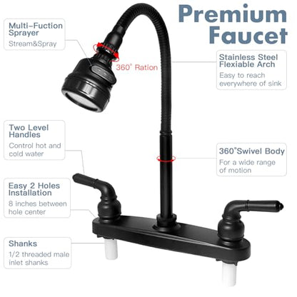 RV Kitchen Faucet,Camper RV Kitchen Sink Faucet Replacement with 2 Handles Flexible Spout 360 Swivel Rotatable Tri-Function Sprayer for Motorhomes,Travel Trailers,8 inch 2 Hole,Non-Metallic,Black - color: Black