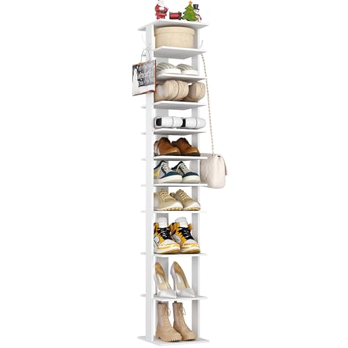 HOMEFORT 10-Tier Vertical Shoe Rack, Corner Shoe Tower, Slim Shoe Organizer with Two Hanging Hooks, Wooden Shoe Storage Stand for Entryway, Hallway, Closet (White) - color: White, size: 11.02"D x 11.02"W x 62.2"H