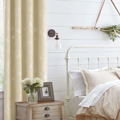BUHUA Room Darkening Curtains 63 Inch Length, Window Treatments for Living Room Grommet Curtains with Silver Leaf Foil Design (52 x 63 Inch,Beige,Set of 2) - color: Silver Leaf /Beige, size: 52"W x 63"L (Pack of 2)