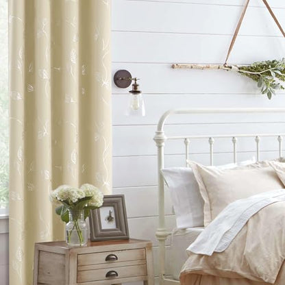 BUHUA Room Darkening Curtains 63 Inch Length, Window Treatments for Living Room Grommet Curtains with Silver Leaf Foil Design (52 x 63 Inch,Beige,Set of 2) - color: Silver Leaf /Beige, size: 52"W x 63"L (Pack of 2)