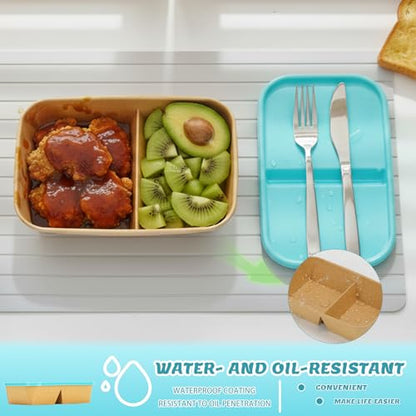 8 Pack 32oz Paper Lunch Box Bento Boxes, 2-Compartment Kraft Brown Paper Take Out Food Containers with Lids, Leakproof & Microwave Safe, Disposable To Go Boxes for Picnics, Offices, Catering, Blue - color: Blue Lid & Kraft Brown Box