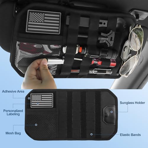 Car Visor Organizer with Zipper Multi-Pockets & Sunglass Holder Molle Car Sun Visor Organizer Universal Fit for Trucks, SUVs, Jeeps & Patrol Vehicles