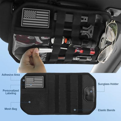 Car Visor Organizer with Zipper Multi-Pockets & Sunglass Holder Molle Car Sun Visor Organizer Universal Fit for Trucks, SUVs, Jeeps & Patrol Vehicles