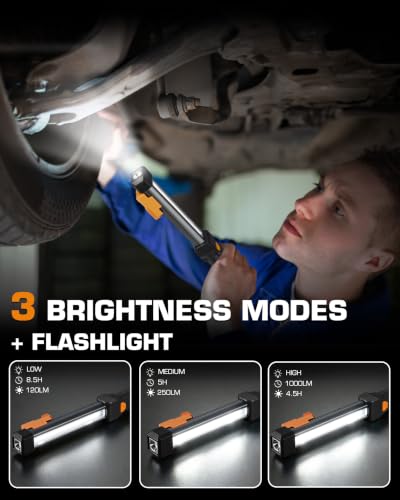 EverBrite 1000LM Magnetic Work Light, Rechargeable LED Mechanic Light with Dual Magnetic Bases & 360° Hanging Hooks, 4 Modes Under Hood Work Light for Car Repair, Garage, Emergency, 1 Pack Black - color: Black