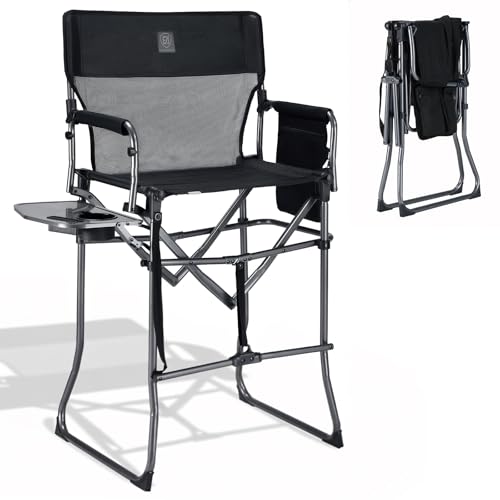 EVER ADVANCED Portable 30.7" Seat Height Tall Folding Camping Chair Directors Chair High Foldable Bar Stool with Side Table for Makeup Artist, Sports Event, Craft Show, Textilene Mesh, Supports 350LBS - color: Black Mesh