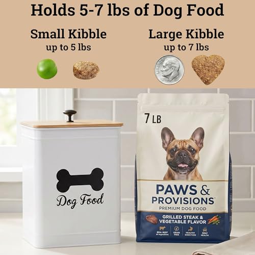 Dog Food Container Airtight 5-7 lb (25 Cup) Capacity - Cute Airtight Dog Food Storage Container with Bamboo Lid & Sturdy Metal Handle - White Metal Kibble Storage Bin for Dogs up to 50 lbs - Pet Jar - color: White