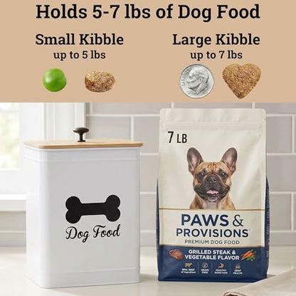 Dog Food Container Airtight 5-7 lb (25 Cup) Capacity - Cute Airtight Dog Food Storage Container with Bamboo Lid & Sturdy Metal Handle - White Metal Kibble Storage Bin for Dogs up to 50 lbs - Pet Jar - color: White