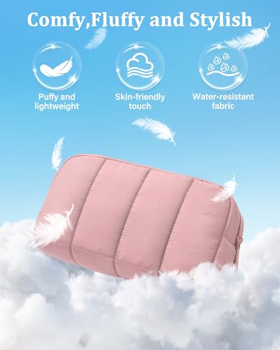 oscaurt 2 Pcs Makeup Bag Travel Toiletry Bag for Women Puffy Padded Cosmetic Pouch Purse Wide-open Makeup Organizer Case Travel Essentials - color: Deep Pink-Set
