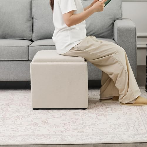 Adeco 17-inch Square Storage Ottoman with Reversible Tray Top, Upholstered Fabric Cube Footrest Stool & Coffee Table for Living Room, Bedroom, and Small Spaces, Beige - color: Beige With Tray