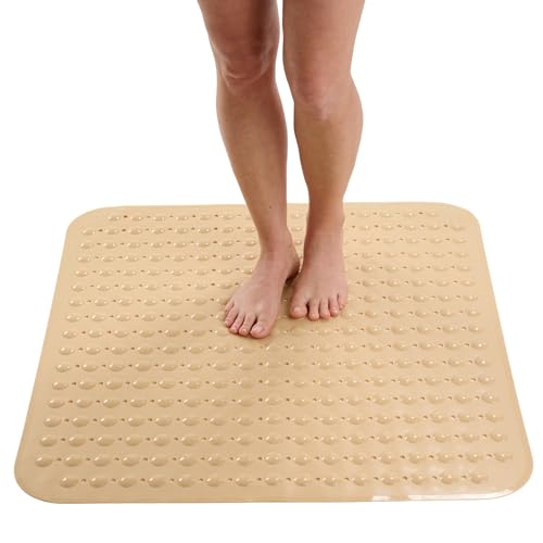 ENKOSI Extra Large Square Non Slip Shower Mat - 31 x 31-inch XL Bathroom Shower Mat - Square Shower Mats for Shower Stall Floors | Secure Suction Cups and Drain Holes (31x31 Beige Opaque) - color: Beige Opaque, size: 31" x 31" (Square)