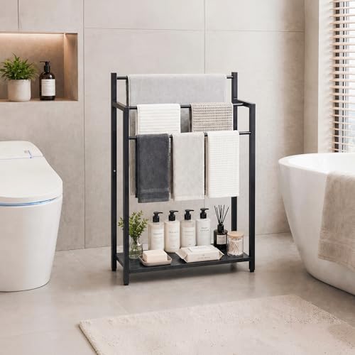 24.8" W Freestanding Towel Rack, 3 Tier Blanket Ladder Stand with Black Wooden Shelf for Bathroom Living Room - color: Black, size: 31.5" H x 24.8" W x7.9 D