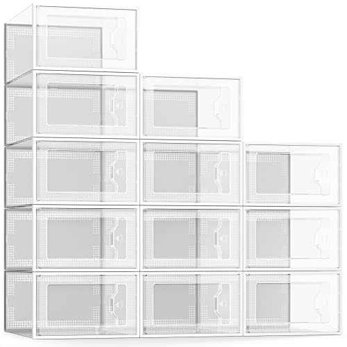 SEE SPRING 12 Pack Shoe Storage Box, Clear Plastic Stackable Shoe Organizer for Closet, Space Saving Foldable Shoe Rack Sneaker Container Bin Holder - color: Clear, size: Large Fit Size 9