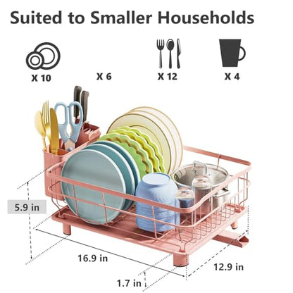 AIDERLY Auto Drain Metal Dish Drying Rack Dish Drainers, Pink | with Draining Tray, Strainer, for Kitchen Counter, Sink - color: Pink