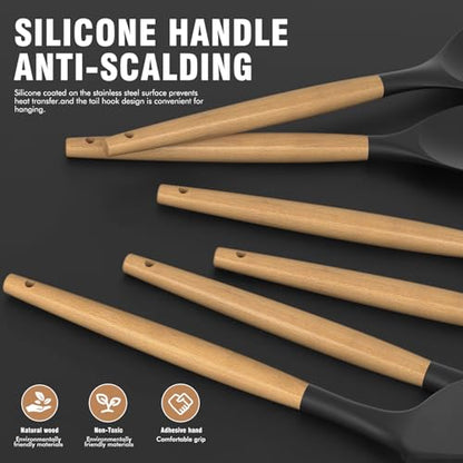 oannao Silicone Cooking Utensils Set Utensil Sets - 446°F Heat Resistant Silicone Kitchen Utensils Set Wooden Handles, Silicone Utensils for Cooking w Holder for Non-Stick Cookware BPA FREE (Black) - color: Black