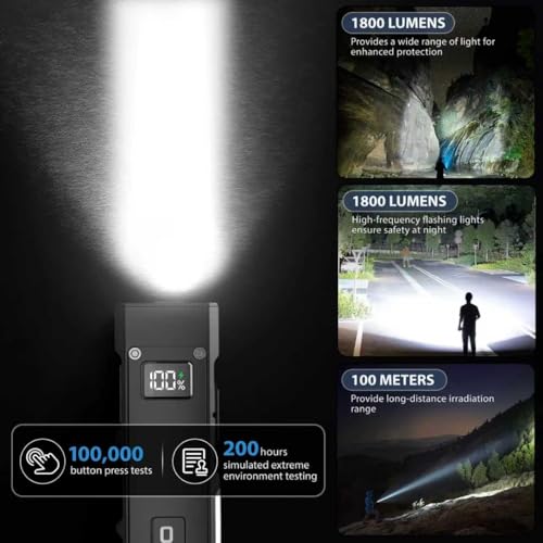 Feki Yigo Flat EDC Flashlight Rechargeable 1800 Lumens - Pocket Flashlight with 365nm UV Light, RGB Modes, Magnetic Base, Digital Display, IPX4 Waterproof for Camping, Emergency, Mechanics (Black) - color: Black