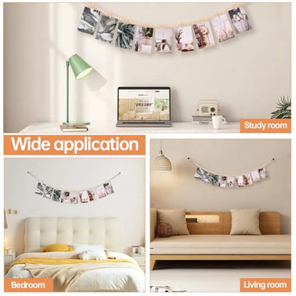 Hanging Photo Display Wall Decor with 9 Wood Clips, Boho Wooden Bead Hanging String Pictures Frame Collage Board, Multi Photo Wall Display for Bedroom Living Room Dorm Decor(Size:1 Pack)