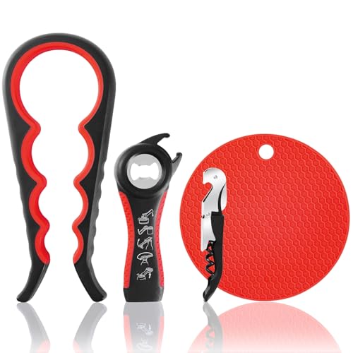 Bloss Anti-skid Jar Opener Can Opener Kitchen Grippers,4 in 1 Multi Function Bottle Opener Lid Opener for Seniors with Arthritis, Caps and Bottles Kitchen Gadgets For Small Hands or Seniors,Black Red - color: Black Red-4pcs