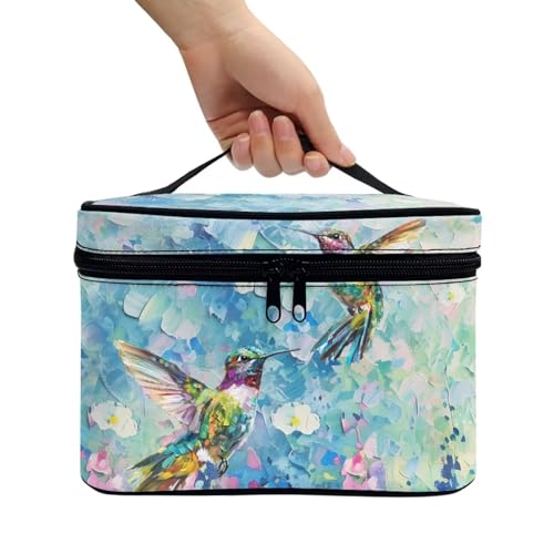 CMakeup Bags for Women Hummingbird Flower Printed Travel Cosmetic Organizer Large Capacity Toiletries Accessories Brush Holder Zipper Case with Top Handle - color: Hummingbird Flower