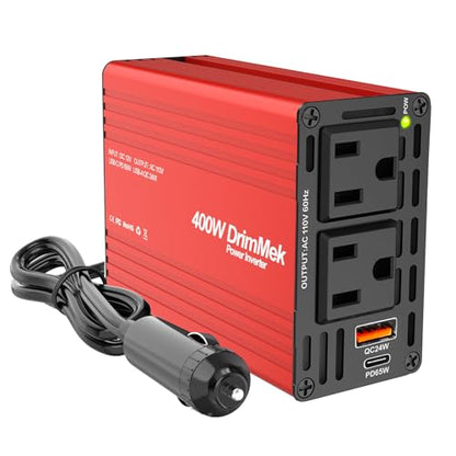 400W Car Power Inverter for Vehicles｜24W+65W USB C,12V DC to AC | 65w Fast Charger,2 AC Output,Aluminum alloy casing - color: RED