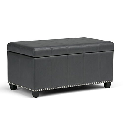 SIMPLIHOME Amelia Storage Ottoman - 33 inch Wide Vegan Leather Rectangle Storage Ottoman Bench in Stone Grey, Transitional Ottoman for Living Room with Nailhead Trim and Lift-Up Lid - color: Stone Grey
