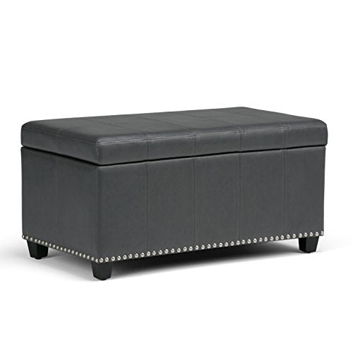 SIMPLIHOME Amelia Storage Ottoman - 33 inch Wide Vegan Leather Rectangle Storage Ottoman Bench in Stone Grey, Transitional Ottoman for Living Room with Nailhead Trim and Lift-Up Lid - color: Stone Grey