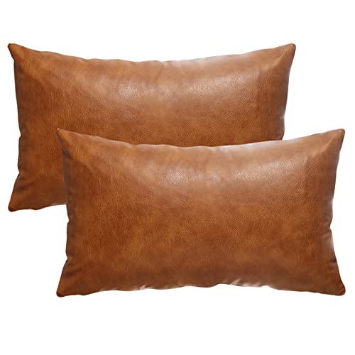 12X20 Inch Brown Faux Leather Throw Pillow Covers Set of 2 Modern Farmhouse Solid Outdoor Lumbar Boho Cognac Pillow Covers for Room Couch Living Bedroom Bed Sofa Decorative - size: 20" x 12" (Pack of 2)