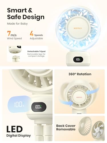 Warmco Portable Stroller Fan, 4000mAh Rechargeable Clip On Fan with Flexible Tripod (Up to 15H), 4 Speeds, LED Display, Detachable Grille, Quiet Operation, for Car Seat, Crib & Treadmill - color: White