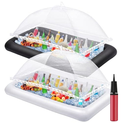 Leitee 5 Pcs Inflatable Serving Bar Kit Includes Salad Buffet Tray with Drain Plug Mesh Food Cover Food Drink Containers and Inflator for Ice Supplies Summer Party Camping Picnic(Black, White) - color: Black/White