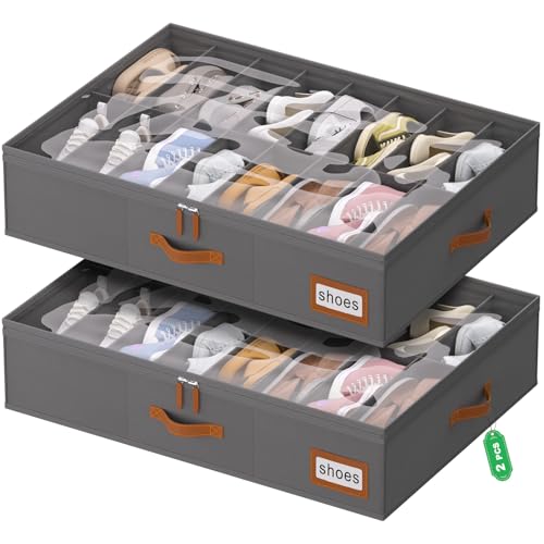 homyfort Shoe Organizer Under Bed, Fits 32 Pairs, Under bed Shoe Storage Boxes with Study Handles and Clear Cover, zapateras organizer for shoes, set of 2 - color: Grey, style: Modern