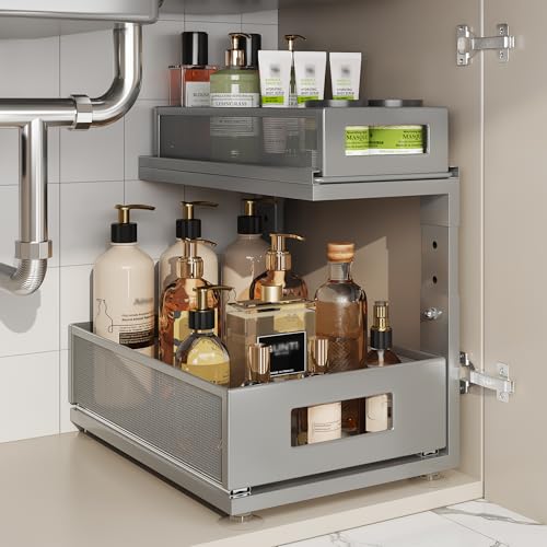 1 Pack 15.74IN-Depth Under Sink Organizer With Next-Gen Ball-Bearing Slides,2-Tier Pull Out Cabinet Storage,Height Adjustable Drawer Shelf for Bathroom,Kitchen,Laundry,Cabinet,Pantry-Gun Gray - color: Gun Gray, size: 1 Pack-15.74"Dx12.8"-16.9"H