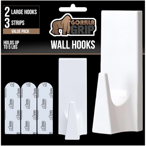 GORILLA GRIP Heavy Duty Reusable Wall Hooks for Hanging, Easy Install Stick on Removable Adhesive Hook, No Nail Damage, Multisurface Use for Christmas Decorations, 2 Pack and 3 Strips, Plastic - size: 2 Pack (3 Strips)