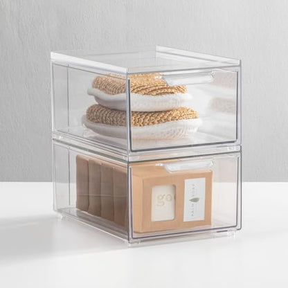 mDesign Plastic Bathroom Organizer Bin w/Pull Out Drawer - Slim Stackable Storage Container for Bathroom Accessories - Perfect for Organizing Bathroom Cabinet - Lumiere Collection - 8 Pack - Clear - size: 8 x 6 x 4 (Pack of 8)