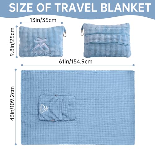 Travel Blanket and Pillow-2-in-1, Ultra-Soft&Compact, One-Piece Airplane Blanket with Hand Luggage Belt and Backpack Clip,Travelers Accessories Gifts, 61x43 Inches (Blue) - color: Blue